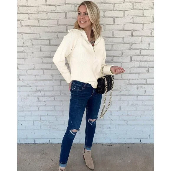 Women’s Casual Long Sleeve Half Zip Pullover Sweaters Solid V Neck Jumper Top - Picture 7 of 7